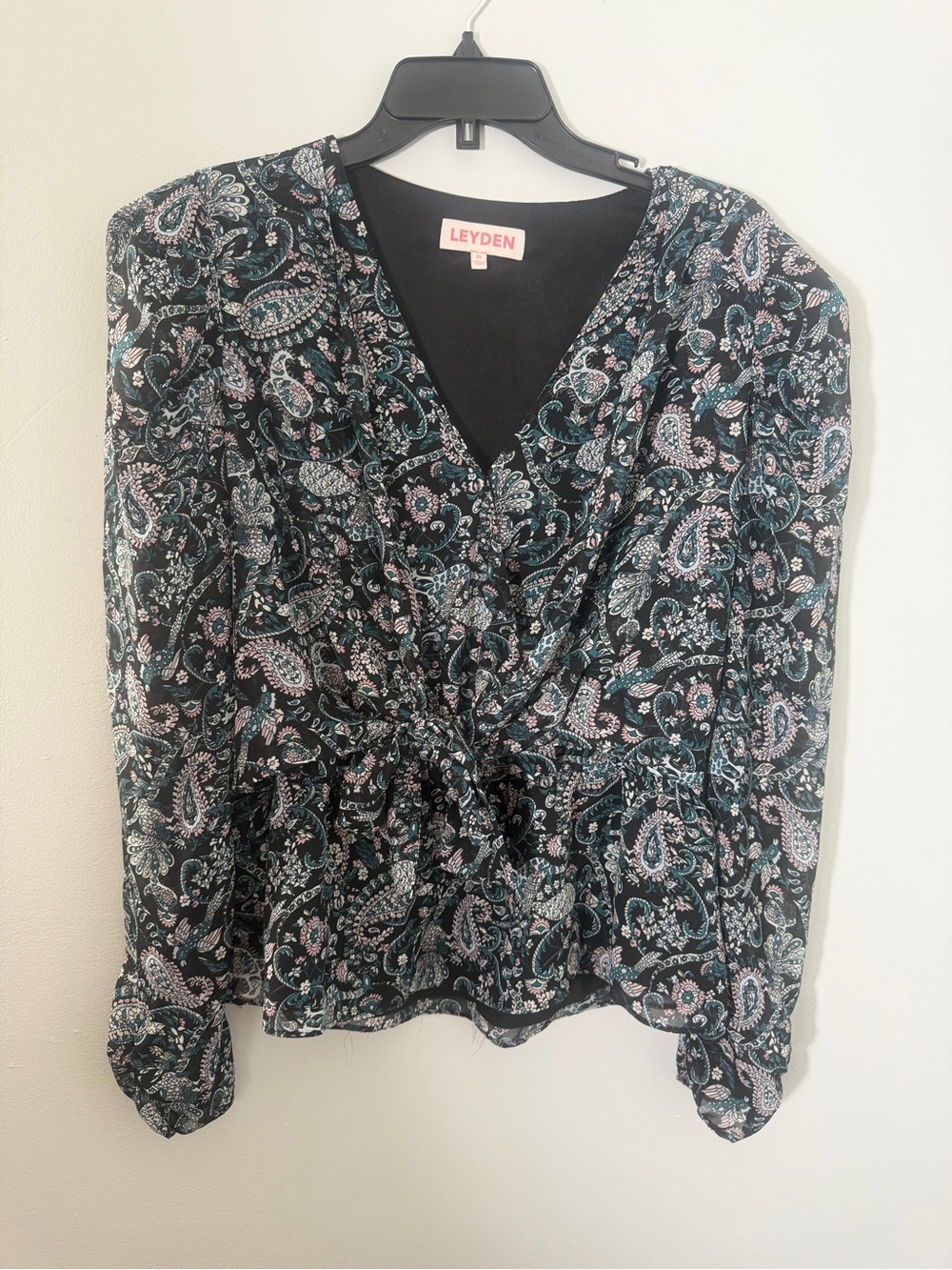 Leyden Black Paisley V-Neck Tie-Waist Wrap Blouse with Teal & Pink Accents XL